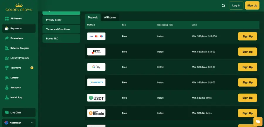 Golden Crown Casino deposit